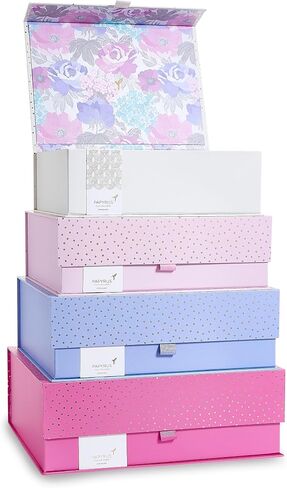 Papyrus Decorative Storage Boxes, Home Decor Box, Nesting Gift Box Set of 4 with Gold Foil Accents and Grosgrain Ribbons, Pink Mushroom Print in Saudi Arabia