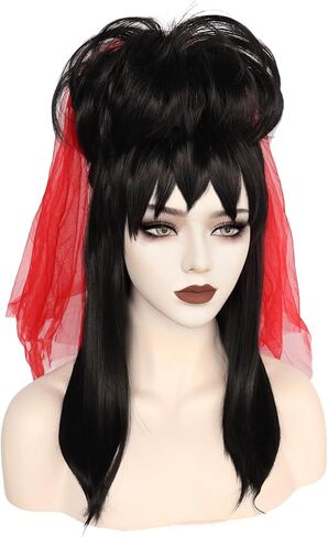 ANOGOL + قبعة شعر + حجاب أحمر شعر مستعار أسود مع غرة مدببة وكعكة قوطية متوسطة الطول شعر مستعار قوطي العروس زي للنساء شعر مستعار لحفلات الهالوين، شعر مستعار صناعي أسود على شكل كعكة شعر مستعار متوسط ​​مستقيم للعروس للنساء in Kuwait