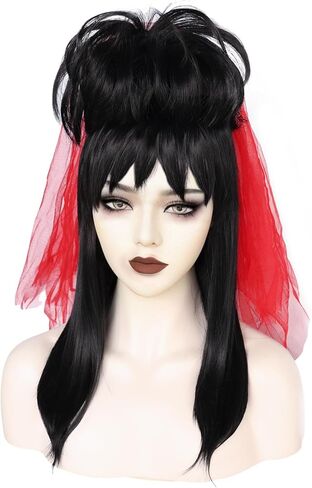 ANOGOL + قبعة شعر + حجاب أحمر شعر مستعار أسود مع غرة مدببة وكعكة قوطية متوسطة الطول شعر مستعار قوطي العروس زي للنساء شعر مستعار لحفلات الهالوين، شعر مستعار صناعي أسود على شكل كعكة شعر مستعار متوسط ​​مستقيم للعروس للنساء in Kuwait