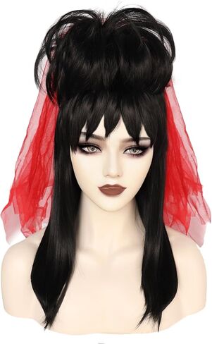 ANOGOL + قبعة شعر + حجاب أحمر شعر مستعار أسود مع غرة مدببة وكعكة قوطية متوسطة الطول شعر مستعار قوطي العروس زي للنساء شعر مستعار لحفلات الهالوين، شعر مستعار صناعي أسود على شكل كعكة شعر مستعار متوسط ​​مستقيم للعروس للنساء in Kuwait