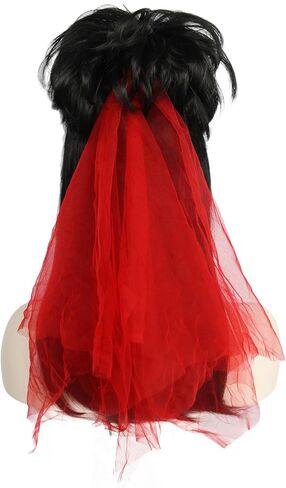 ANOGOL + قبعة شعر + حجاب أحمر شعر مستعار أسود مع غرة مدببة وكعكة قوطية متوسطة الطول شعر مستعار قوطي العروس زي للنساء شعر مستعار لحفلات الهالوين، شعر مستعار صناعي أسود على شكل كعكة شعر مستعار متوسط ​​مستقيم للعروس للنساء in Kuwait