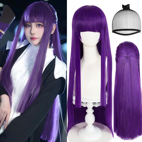 Anogol Hair Cap + Fern Wig Cosplay Long Straight Purple Wig with Bangs Sousou no Frieren Wig for Women Fern Costume Long Purple Synthetic Wig Fern Outfit for Halloween Party Wig in Saudi Arabia