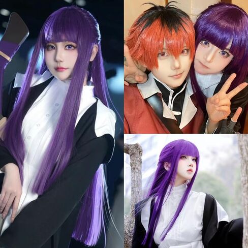 Anogol Hair Cap + Fern Wig Cosplay Long Straight Purple Wig with Bangs Sousou no Frieren Wig for Women Fern Costume Long Purple Synthetic Wig Fern Outfit for Halloween Party Wig in Saudi Arabia