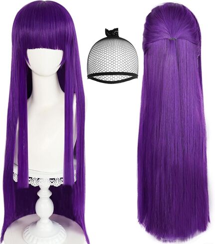 Anogol قبعة الشعر + شعر مستعار السرخس تأثيري طويل مستقيم شعر مستعار أرجواني مع الانفجارات Sousou no Frieren شعر مستعار للنساء السرخس زي طويل الأرجواني شعر مستعار اصطناعي السرخس الزي لشعر مستعار لحفلات الهالوين in Kuwait