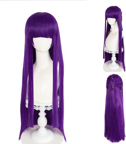 Anogol قبعة الشعر + شعر مستعار السرخس تأثيري طويل مستقيم شعر مستعار أرجواني مع الانفجارات Sousou no Frieren شعر مستعار للنساء السرخس زي طويل الأرجواني شعر مستعار اصطناعي السرخس الزي لشعر مستعار لحفلات الهالوين in Kuwait