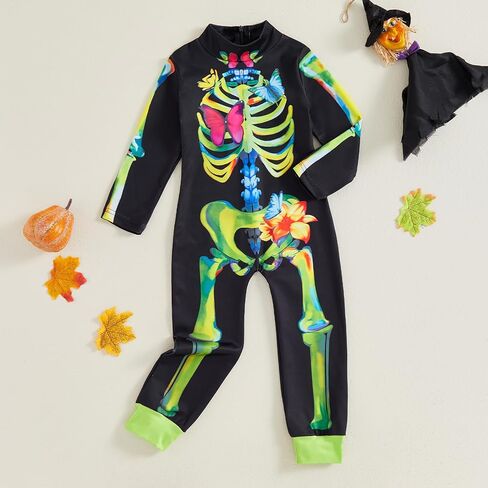 Kuriozud Kids Toddler Girls Halloween Costume Zipper Long Sleeve Skeleton Jumpsuit Little Girl Halloween Clothes Outfit in Kuwait