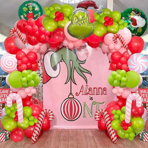 طقم قوس بالون عيد الميلاد الوردي، قوس بالون أخضر وردي لعيد الميلاد مع بالونات حلوى مايلر للأطفال في حفلات عيد الميلاد، وحفلات غرينتشماس، وديكورات أعياد الميلاد، وديكور السنة الجديدة in Kuwait