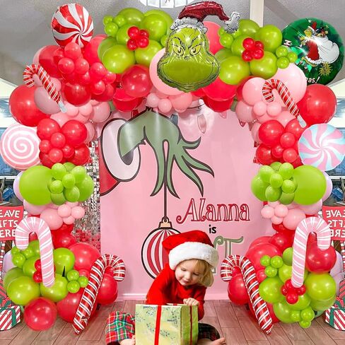 طقم قوس بالون عيد الميلاد الوردي، قوس بالون أخضر وردي لعيد الميلاد مع بالونات حلوى مايلر للأطفال في حفلات عيد الميلاد، وحفلات غرينتشماس، وديكورات أعياد الميلاد، وديكور السنة الجديدة in Kuwait