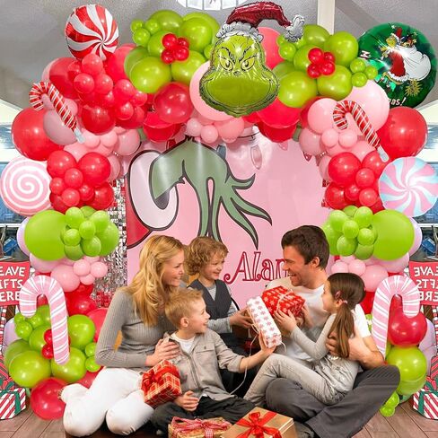 طقم قوس بالون عيد الميلاد الوردي، قوس بالون أخضر وردي لعيد الميلاد مع بالونات حلوى مايلر للأطفال في حفلات عيد الميلاد، وحفلات غرينتشماس، وديكورات أعياد الميلاد، وديكور السنة الجديدة in Kuwait