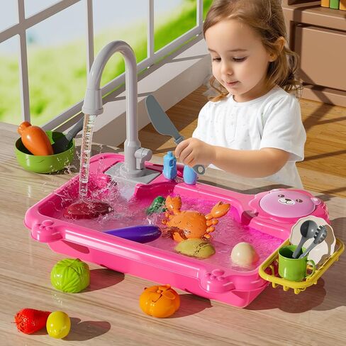 Play Sink with Running Water, Kitchen Sink Toys with Electric Faucet, Play Kitchen Accessories, Kids Role Play Dishwasher Toy for Ages 3 4 5 6 Year Old Toddlers Kids Boys Girls(Pink) in Saudi Arabia