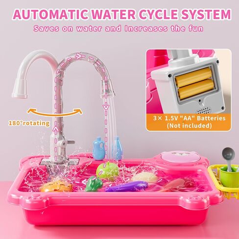 Play Sink with Running Water, Kitchen Sink Toys with Electric Faucet, Play Kitchen Accessories, Kids Role Play Dishwasher Toy for Ages 3 4 5 6 Year Old Toddlers Kids Boys Girls(Pink) in Saudi Arabia