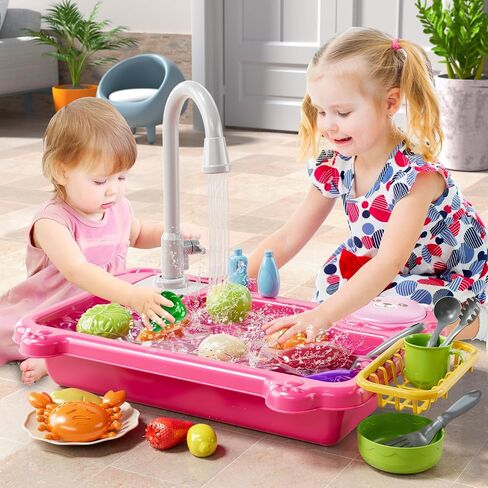 Play Sink with Running Water, Kitchen Sink Toys with Electric Faucet, Play Kitchen Accessories, Kids Role Play Dishwasher Toy for Ages 3 4 5 6 Year Old Toddlers Kids Boys Girls(Pink) in Saudi Arabia