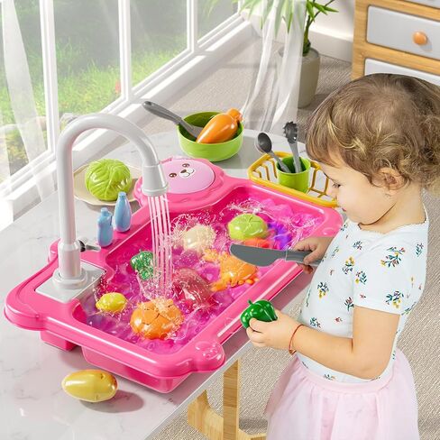 Play Sink with Running Water, Kitchen Sink Toys with Electric Faucet, Play Kitchen Accessories, Kids Role Play Dishwasher Toy for Ages 3 4 5 6 Year Old Toddlers Kids Boys Girls(Pink) in Saudi Arabia