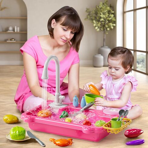 Play Sink with Running Water, Kitchen Sink Toys with Electric Faucet, Play Kitchen Accessories, Kids Role Play Dishwasher Toy for Ages 3 4 5 6 Year Old Toddlers Kids Boys Girls(Pink) in Saudi Arabia