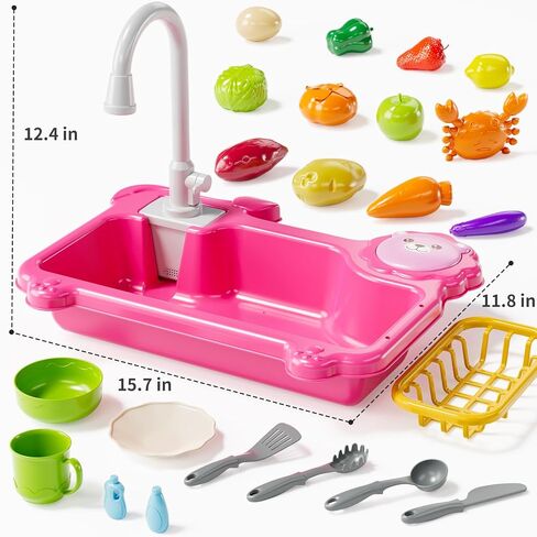 Play Sink with Running Water, Kitchen Sink Toys with Electric Faucet, Play Kitchen Accessories, Kids Role Play Dishwasher Toy for Ages 3 4 5 6 Year Old Toddlers Kids Boys Girls(Pink) in Saudi Arabia