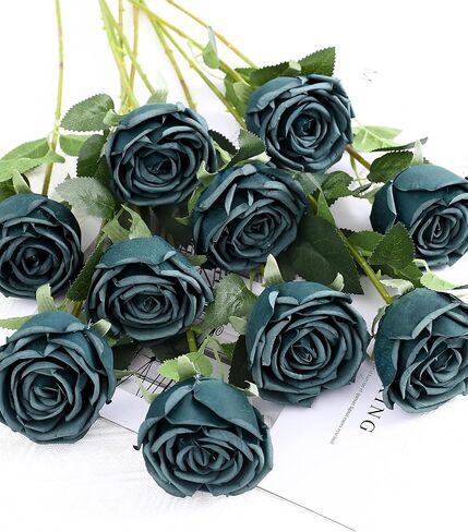 10 قطع من DuHouse زهور صناعية صناعية من الحرير الصناعي باقة سيقان طويلة لترتيب قطع الزفاف المركزية وديكور المنزل والمطبخ (أزرق الطاووس) in Kuwait