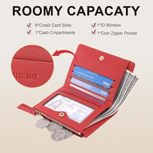 HKCLUF Small Wallet for Women Slim Credit Card Holder Vegan Leather Bifold Compact Wallet Women With Zipper Coin Pocket ID Window(red) in Saudi Arabia
