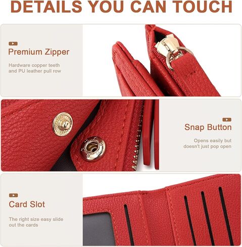 HKCLUF Small Wallet for Women Slim Credit Card Holder Vegan Leather Bifold Compact Wallet Women With Zipper Coin Pocket ID Window(red) in Saudi Arabia