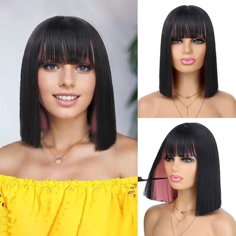 Pink Peekaboo Bob Wig with Bangs Short Straight Bob Wig for Women Shoulder Length Black and Pink Highlights Wig for Daily Party Use (12inch) in Kuwait
