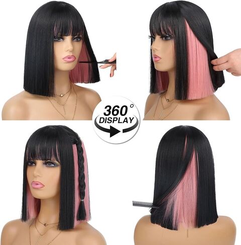 Pink Peekaboo Bob Wig with Bangs Short Straight Bob Wig for Women Shoulder Length Black and Pink Highlights Wig for Daily Party Use (12inch) in Kuwait