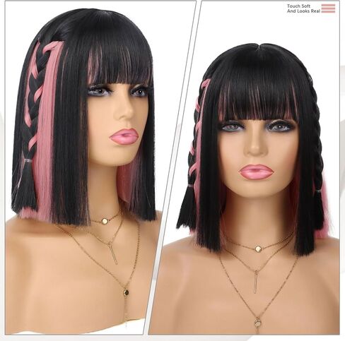 Pink Peekaboo Bob Wig with Bangs Short Straight Bob Wig for Women Shoulder Length Black and Pink Highlights Wig for Daily Party Use (12inch) in Kuwait