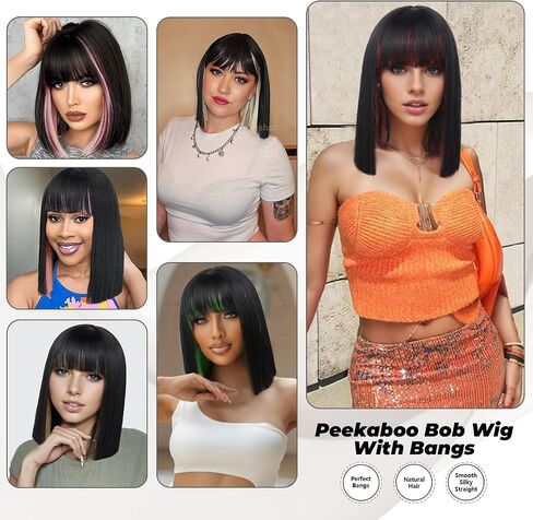Pink Peekaboo Bob Wig with Bangs Short Straight Bob Wig for Women Shoulder Length Black and Pink Highlights Wig for Daily Party Use (12inch) in Kuwait