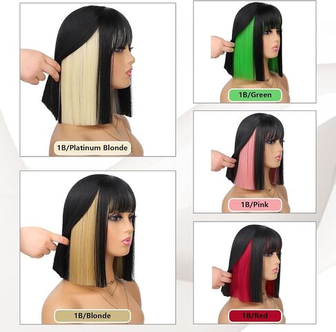 Pink Peekaboo Bob Wig with Bangs Short Straight Bob Wig for Women Shoulder Length Black and Pink Highlights Wig for Daily Party Use (12inch) in Kuwait