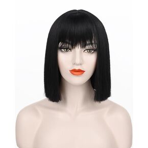 Pink Peekaboo Bob Wig with Bangs Short Straight Bob Wig for Women Shoulder Length Black and Pink Highlights Wig for Daily Party Use (12inch)