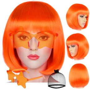 Anogol Hair Cap + (Sunglasses) Red Bob Wig with Bangs Bob Wig with Star Shape Sunglasses Womens Red Party Wig Short Neon Wig for Daily Party Outfit Fun wigs for Women Halloween Costume Night Club Wig