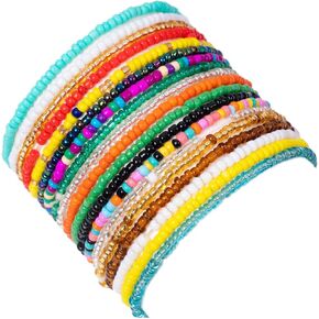 Shymuh 18 Pcs Boho Handmade Beads African Anklets Bracelet Colorful Stretch Ankle Bracelets Set Elastic Foot Chain Jewelry Cute Colorful VSCO Friendship Beaded Anklets Hand Chain Jewelry