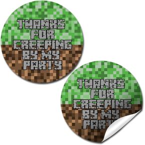 Creepy Pixel Miner Birthday Party Thank You Sticker Labels for Boys and Girls, 40 2" Party Circle Stickers by Amanda Creation, Great for Party Favors, Envelope Seals & Goodie Bags