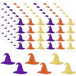 480Pcs Halloween Glitter Sticker 3 Colors Witch Hat Paper Decals Hocus Pocus Self-Adhesive Stickers for Envelopes Scrapbook Gifts DIY, 1.5 in