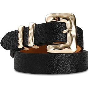 Women Black Skinny Belt With Gold Metal Square Buckle Casual Fashion Belts for Jeans Dresses