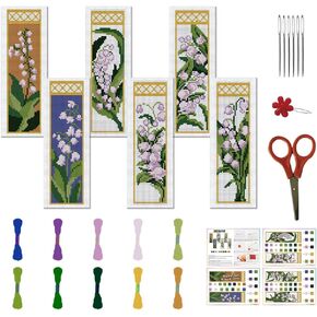 FREEBLOSS 6 Set Lily of The Valley Cross Stitch Bookmark Kits Flowers DIY Bookmarks Cross Stitch Kits,Stamped Embroidery Bookmarks Counted Cross Stitch Kit for Beginners Adults 22 * 8cm