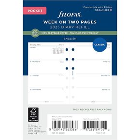 Filofax Calendar Diary Refill, Pocket Size, Week-to-View, White Paper, Unruled, English, 2025 (C68221-25)