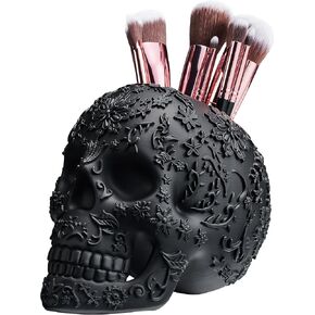 فرشاة مكياج على شكل جمجمة، وعاء حلوى وحامل أقلام رصاص، وعاء خدعة أو حلوى، ديكور قوطي، راتنج كبير جدًا، جمجمة هيكل عظمي جمجمة قوطية وعظام منظم غرفة النوم ديكور فريد (أسود) in Kuwait