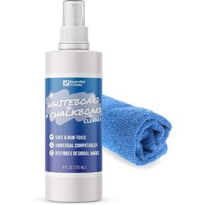 Whiteboard Cleaner Spray (8 fl oz), The Best for Removing Shadowing from Dry Erase Boards, Chalkboards & Liquid Chalk Markers - Safe & Non-Toxic, Made in USA by Essential Values (8 oz + Fiber)