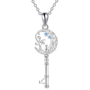 Key Necklaces for Women Sterling Silver Crescent Moon Star Cat Tree of Life Pendant Necklace Key Jewelry Christmas Birthday Gifts for Girls Girlfriend
