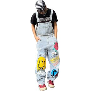 Mens Ripped Baggy Denim Bib Overalls Cute Smile Face Distressed Destroyed Jean Jumpsuit with Pocket