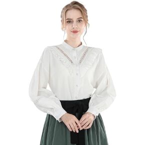 Nuoqi Victorian Blouse for Women Cotton Renaissance Shirt Long Sleeve Vintage Top