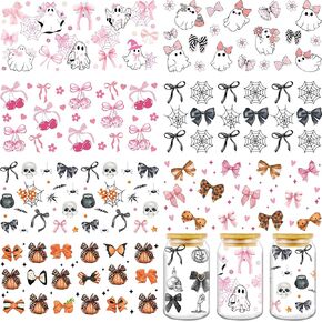 AFRITEE Transfer UV DTF Decals - 8 Sheets Halloween Bow UV DTF Cup Wraps for 16 oz Glass Mugs, Pink Cute Cherry Ghost Skeleton Spider Web Pumpkin Transfer Stickers for Tumbler Fun Party Favors