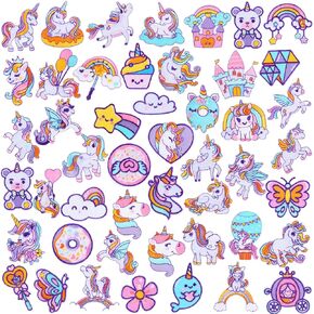 Tigeen 48 Pcs Chenille Iron on Patches, Iron on Hat Patches Bulk Embroidered Patches for Hats Clothes Cute Repair Patches Kit Sew on Applique DIY Accessory for Backpack Pants Jeans(Unicorn)