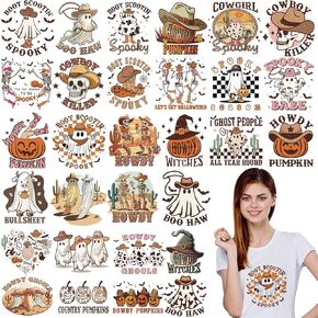 Yuntau 30 Pcs Retro Western Iron On Transfer Patches Ghost Iron On Vinyl Decals for Jeans Western Halloween DTF Heat Transfer Vinyl Stickers DIY Iron On Appliques for Clothing T Shirt Pillow Hat
