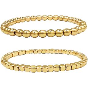 14k Gold Plated 2-4Pcs Handmade Bohemian Gold Round Square Beaded Link Chain Adjustable Stackable Stretch Lightweight Punk Bracelet Dainty Cool Jewelry for Women