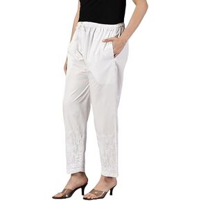 FCH Hand Embroidered White Cotton Lucknawi Chikankari Trouser Pants for Womens