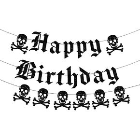 Gothic Happy Birthday Banner Black Glitter Old English Skull Garland Banner Funny Funeral Birthday Banner for Scream Party,20th 30th 40th Birthday,Gothic Birthday Decorations,Halloween Birthday Party