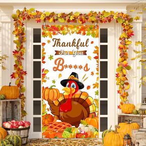 Thanksgiving Door Cover, 6x2.9FT Thankful For You Bi Door Cover Thankful Banner for Funny Friendsgiving Decorations, Thankful Decorations Door Cover Turckey Happy Friendsgiving Decorations Door Cover