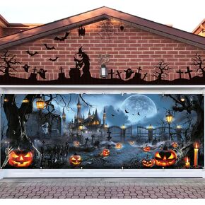 Extra Large Halloween Garage Door Cover Banner 6 * 16Ft Horror Haunted House Pumpkins Halloween Decorations Background Party Supplies for Garage Door Cover, Phoyography, Party Decorations