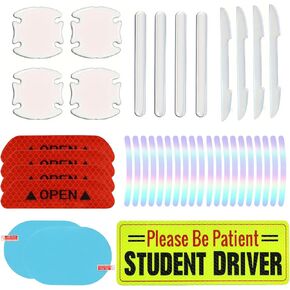 39 Pcs Protection Kit Include 1 New Driver Sign 2 Mirror Waterproof Film 4 Door Open Reflectors 4 Door Edge Guards 8 Door Handle Anti-Scratch 20 Reflective Wheel Trims