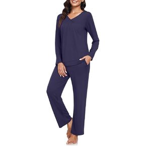 CATHY Women Pajama Sets V-neck Comfy Lounge Set Soft Long Sleeve Pj Sleepwear with Pockets